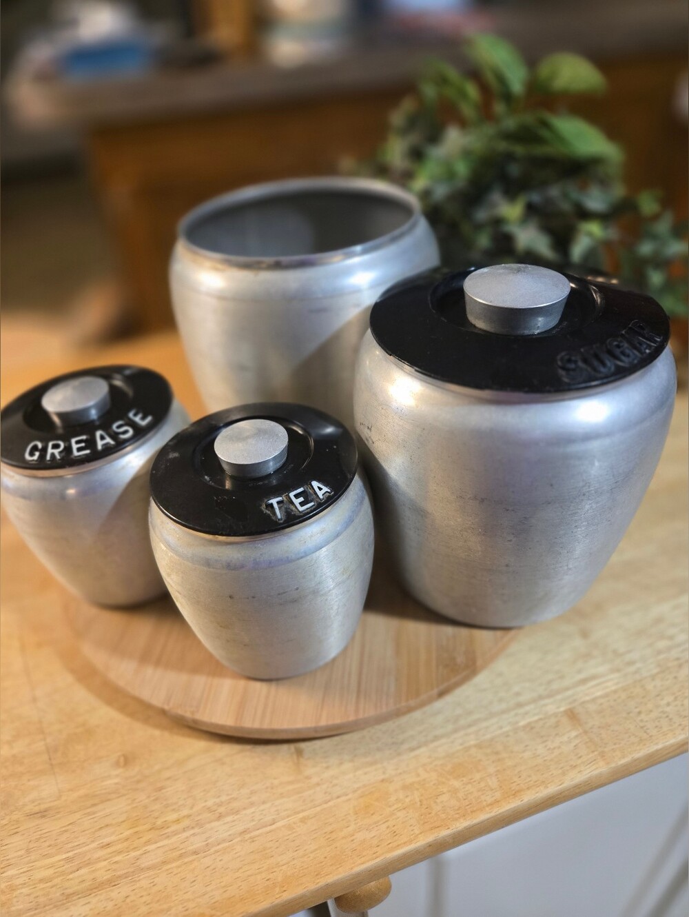 Vintage-Style Kromex Aluminum Canister Set with Black Lids - Tea, Sugar, Grease